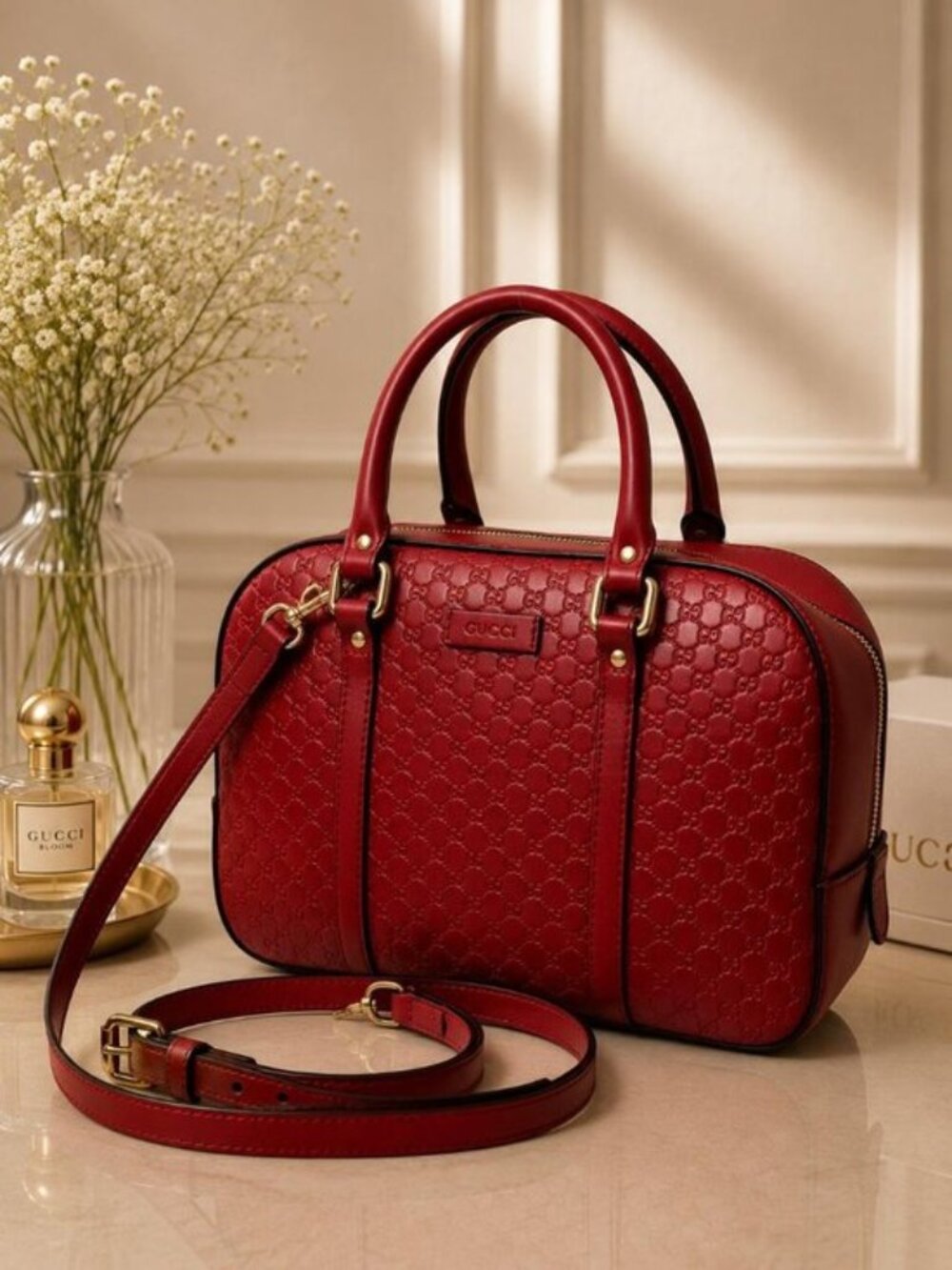Authentic Gucci Microguccissima Red Leather Dome Satchel Crossbody Bag